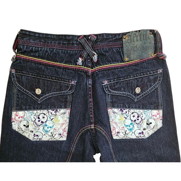 Artful Dodger Skull Design, Colored Stitching Distressed Jeans Sz 34, Y2K,  NEW - Picture 4 of 14